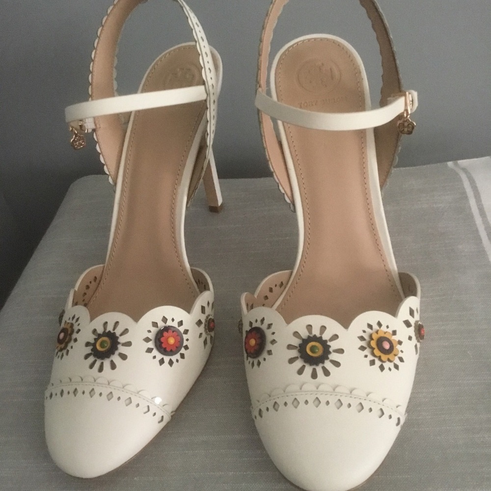 Tory Burch Beige Floral Cutout Ankle-Strap Heels with Multicolor Accents